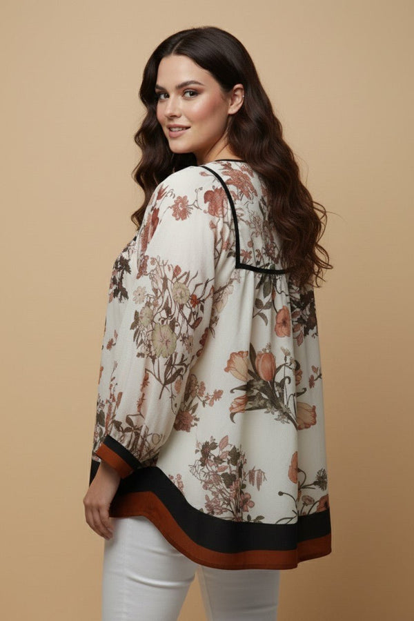 Soft Floral Piping And Border Detail Top - Blush & Cactus