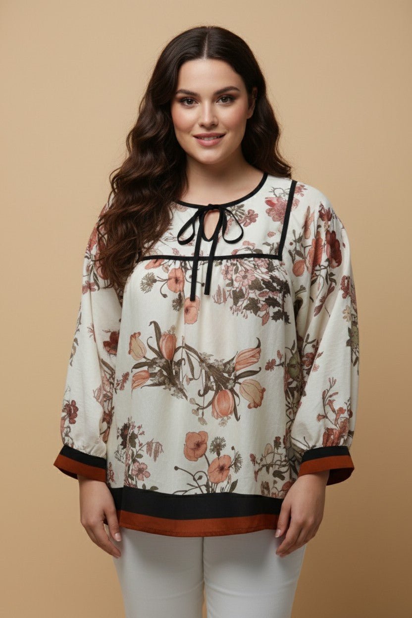 Soft Floral Piping And Border Detail Top - Blush & Cactus