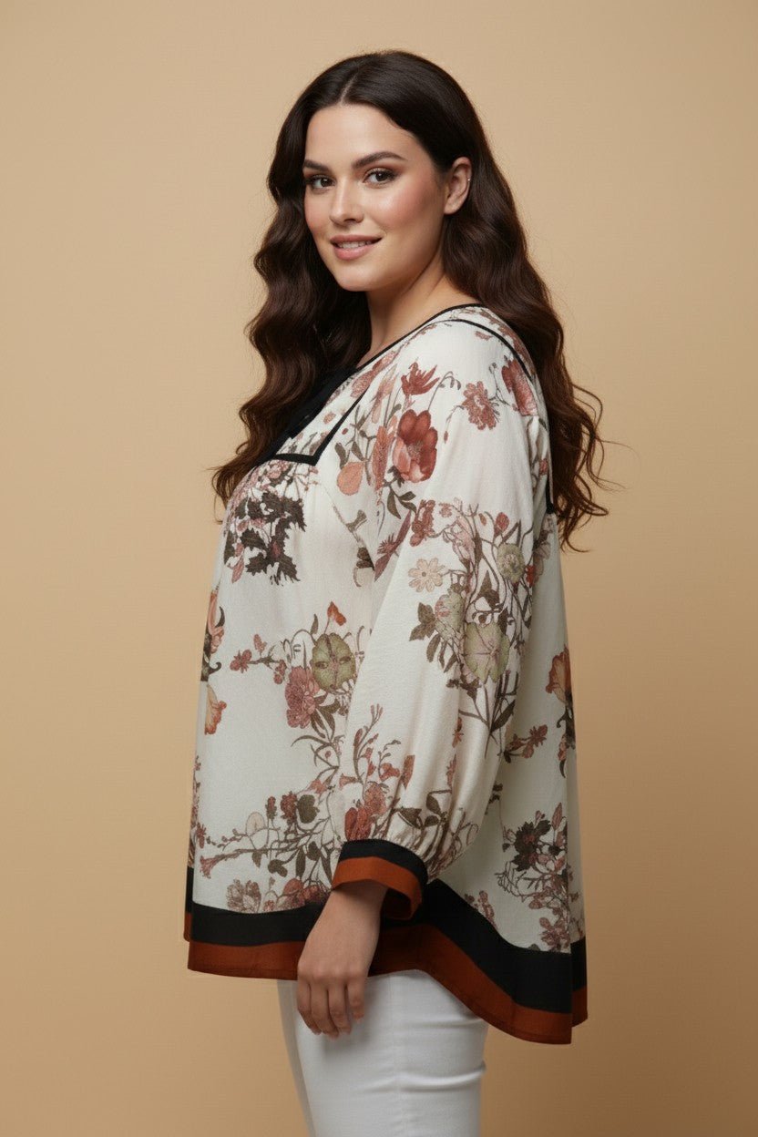Soft Floral Piping And Border Detail Top - Blush & Cactus