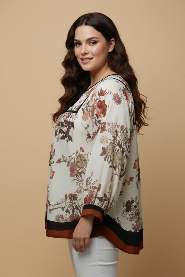 Soft Floral Piping And Border Detail Top - Blush & Cactus
