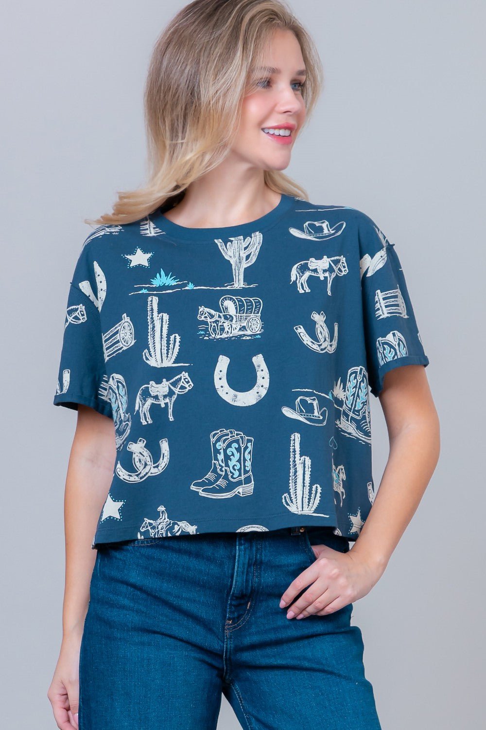 Western Printed Short Slv Round Neck T-shirt - Blush & Cactus