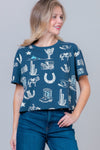 Western Printed Short Slv Round Neck T-shirt - Blush & Cactus