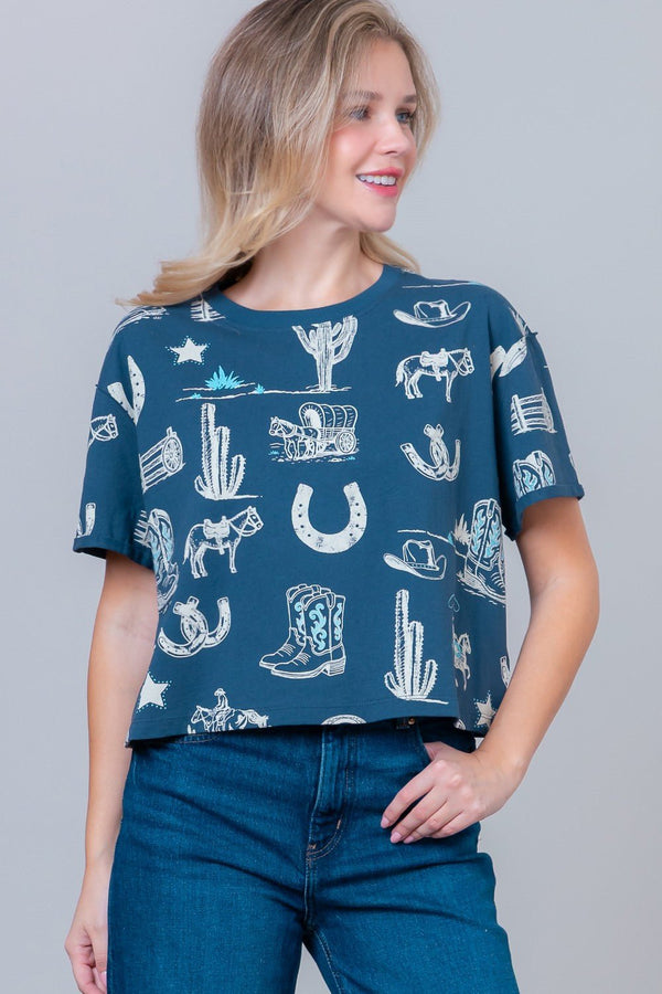 Western Printed Short Slv Round Neck T-shirt - Blush & Cactus