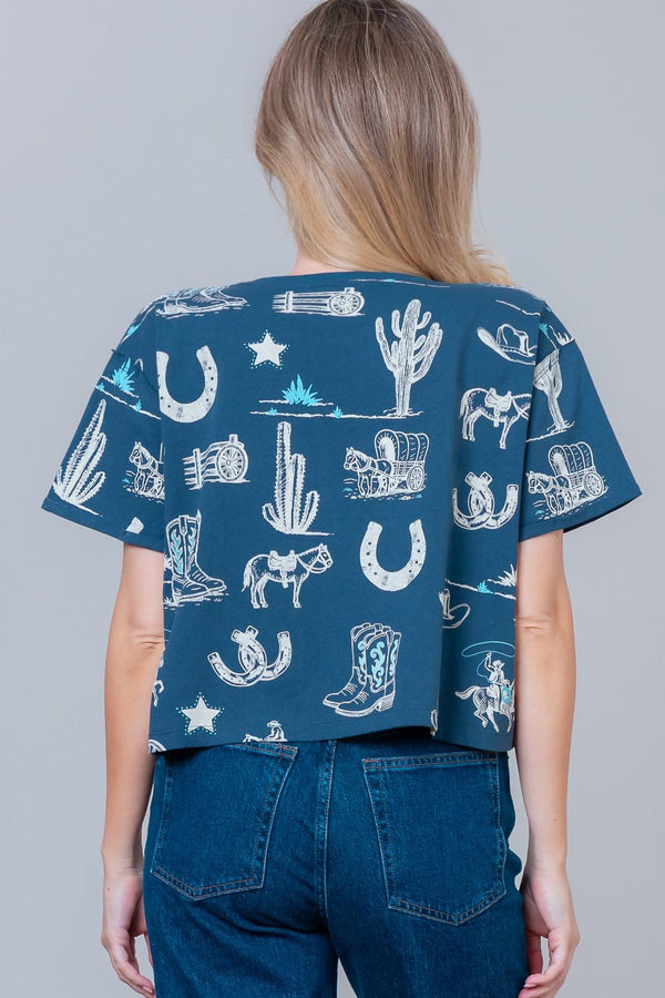 Western Printed Short Slv Round Neck T-shirt - Blush & Cactus
