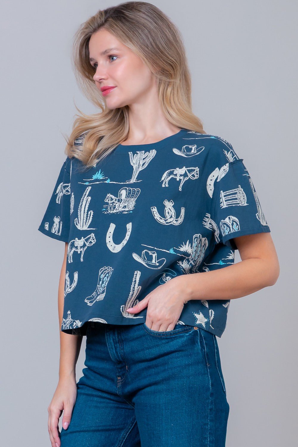 Western Printed Short Slv Round Neck T-shirt - Blush & Cactus