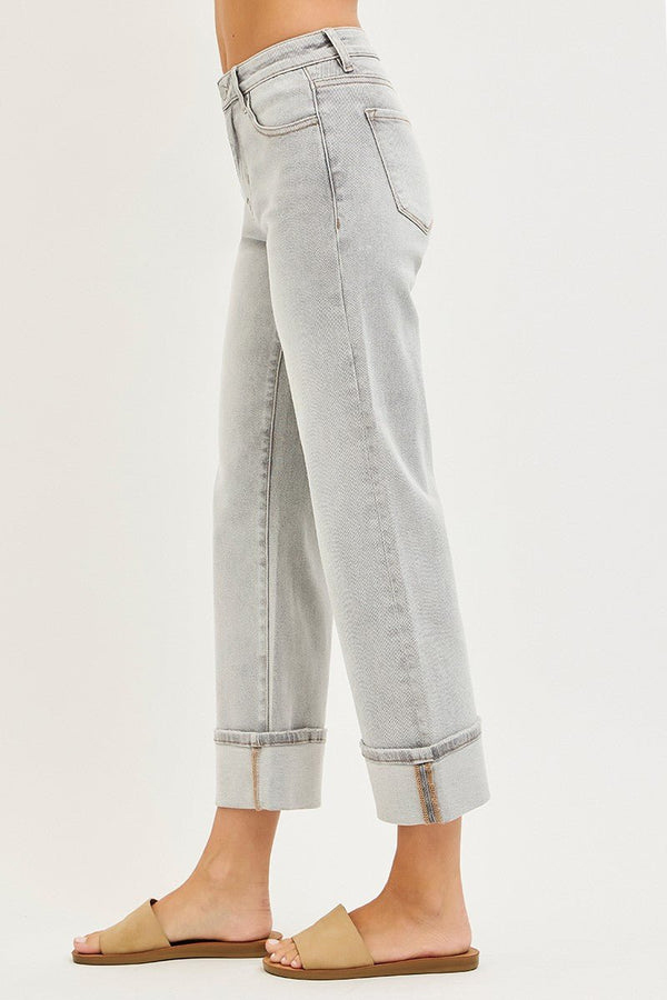 Risen Mid Rise Crop Straight Jeans With Cuff - Blush & Cactus