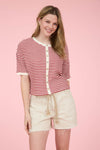 Stripe Button Down Short Sleeve Thermal Knit Top - Blush & Cactus