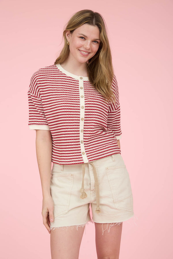 Stripe Button Down Short Sleeve Thermal Knit Top - Blush & Cactus