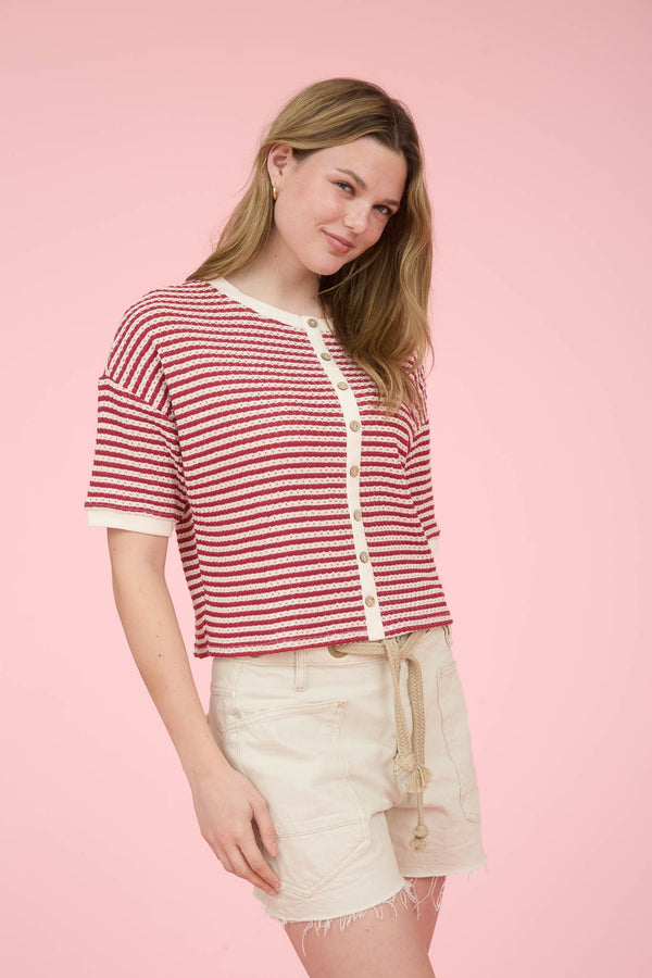 Stripe Button Down Short Sleeve Thermal Knit Top - Blush & Cactus