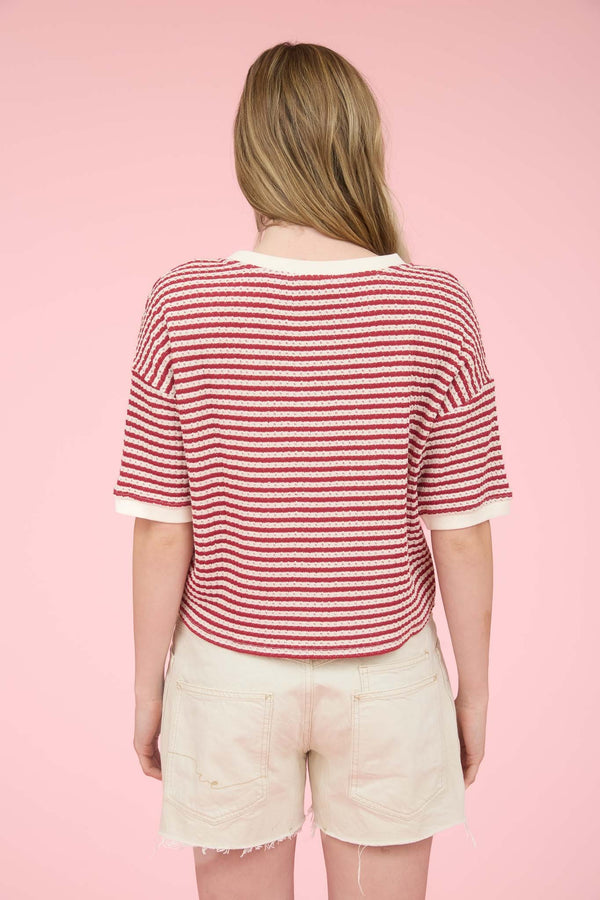 Stripe Button Down Short Sleeve Thermal Knit Top - Blush & Cactus