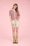 Stripe Button Down Short Sleeve Thermal Knit Top - Blush & Cactus