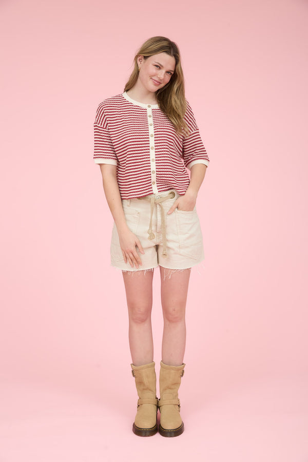 Stripe Button Down Short Sleeve Thermal Knit Top - Blush & Cactus