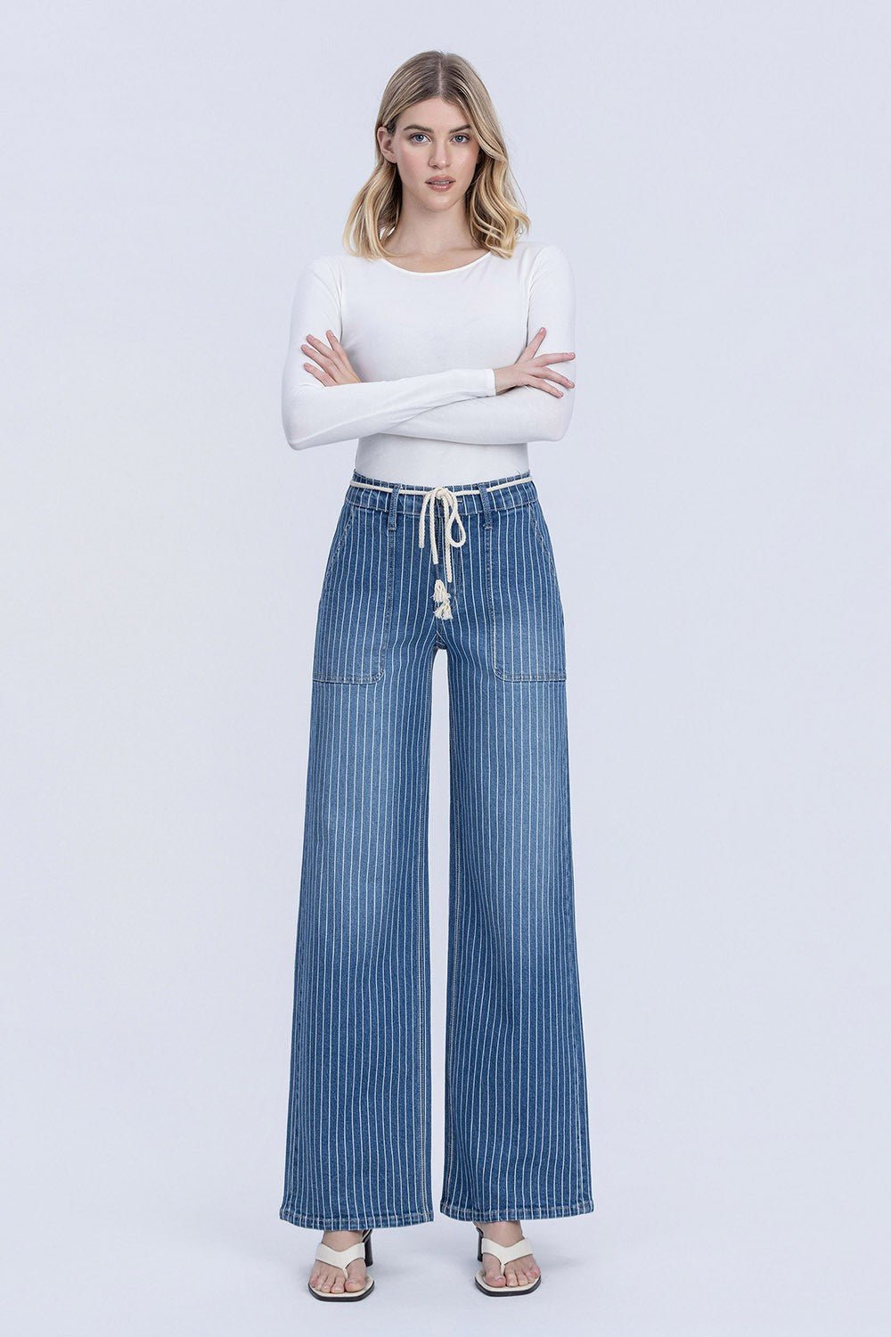 Lovervet High Rise Elastic Wb W Drawcord Stripe Wide Jeans - Blush & Cactus