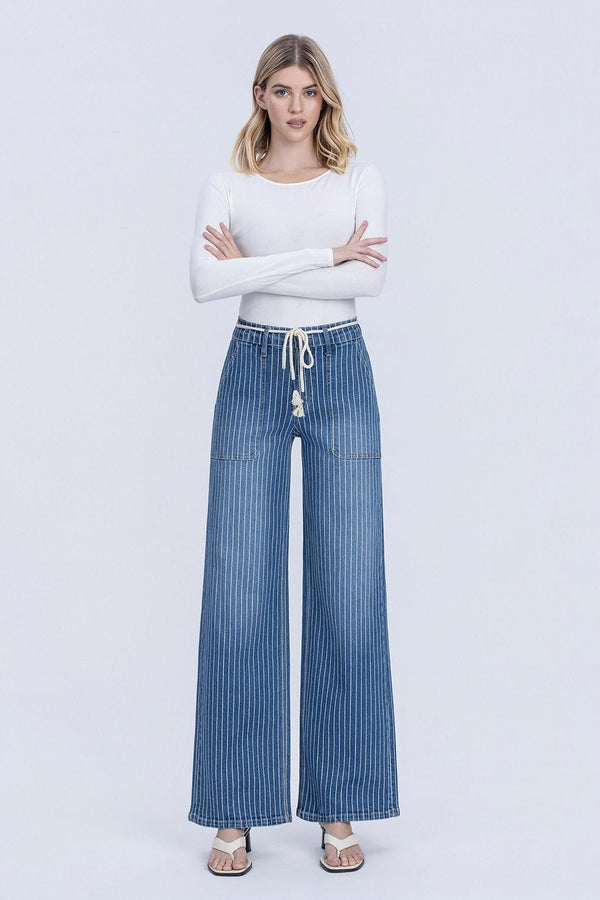 Lovervet High Rise Elastic Wb W Drawcord Stripe Wide Jeans - Blush & Cactus