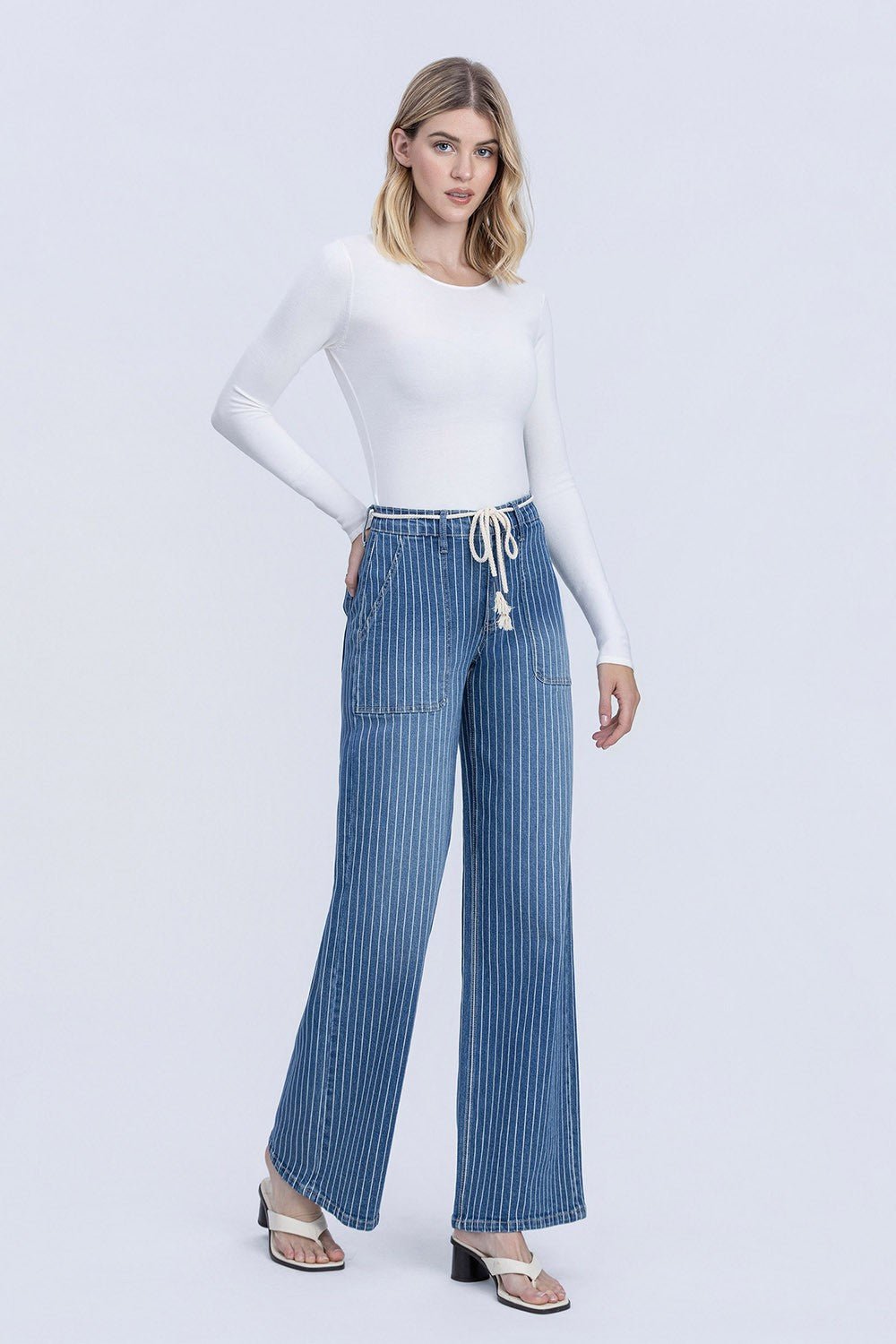 Lovervet High Rise Elastic Wb W Drawcord Stripe Wide Jeans - Blush & Cactus