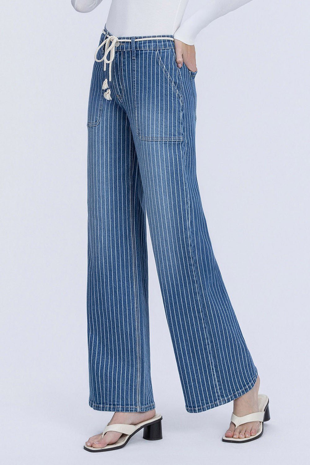 Lovervet High Rise Elastic Wb W Drawcord Stripe Wide Jeans - Blush & Cactus