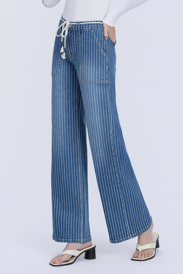 Lovervet High Rise Elastic Wb W Drawcord Stripe Wide Jeans - Blush & Cactus