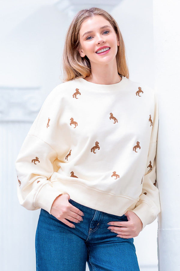 Long Slv Crew Neck Horse Embroidery Sweatshirt - Blush & Cactus