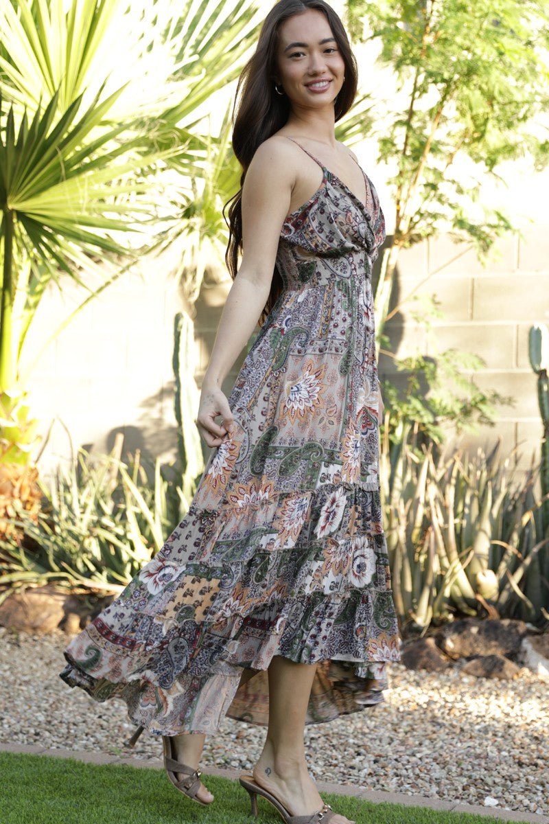 Angie V Neck Hi Lo Printed Midi Dress - Blush & Cactus