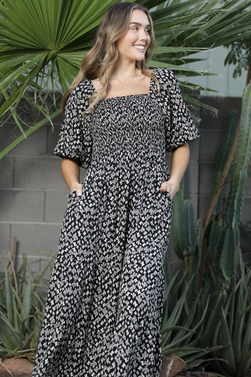 Angie Cactus Print Smocked Bodice Puff Sleeve Midi Dress - Blush & Cactus