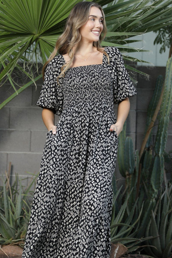 Angie Cactus Print Smocked Bodice Puff Sleeve Midi Dress - Blush & Cactus