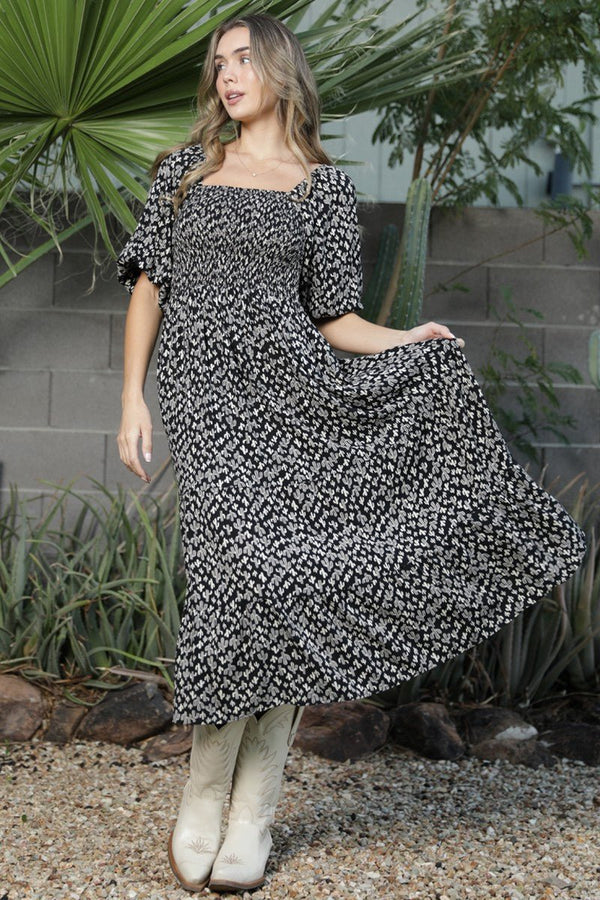 Angie Cactus Print Smocked Bodice Puff Sleeve Midi Dress - Blush & Cactus