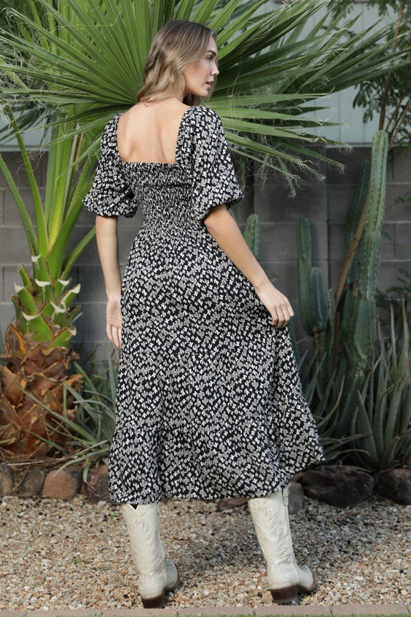 Angie Cactus Print Smocked Bodice Puff Sleeve Midi Dress - Blush & Cactus