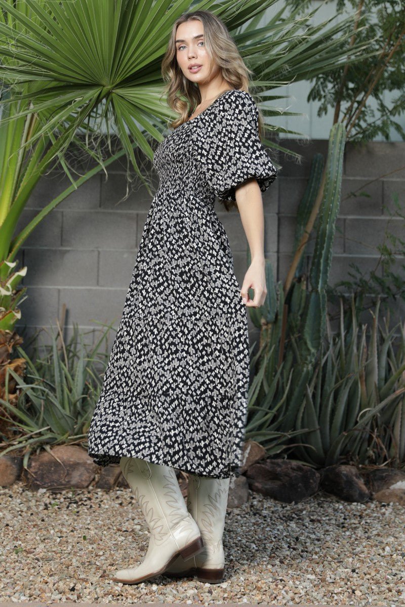 Angie Cactus Print Smocked Bodice Puff Sleeve Midi Dress - Blush & Cactus