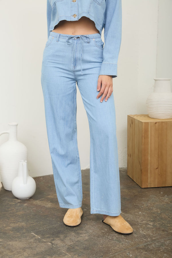 Washed Denim Front Tie Wide Leg Pants - Blush & Cactus