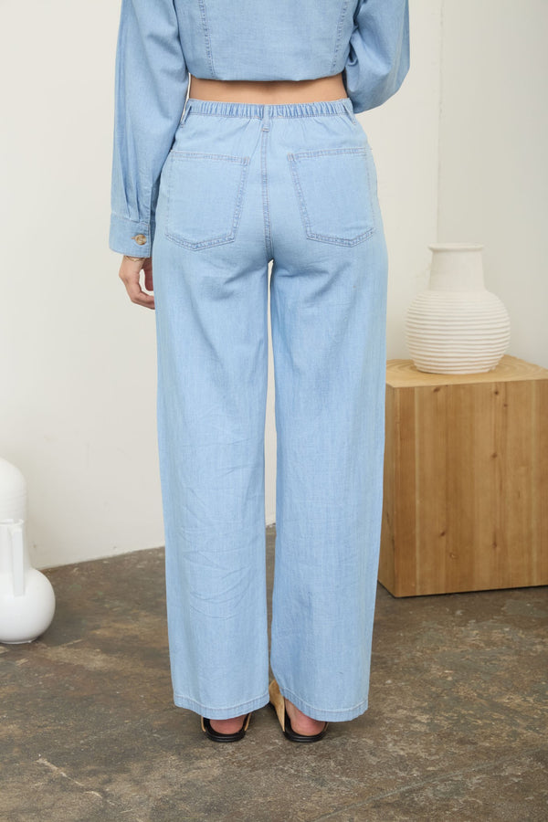 Washed Denim Front Tie Wide Leg Pants - Blush & Cactus
