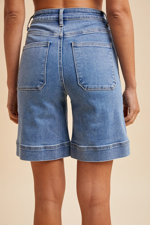 Stretch Denim Mid Thigh Mom Short - Blush & Cactus