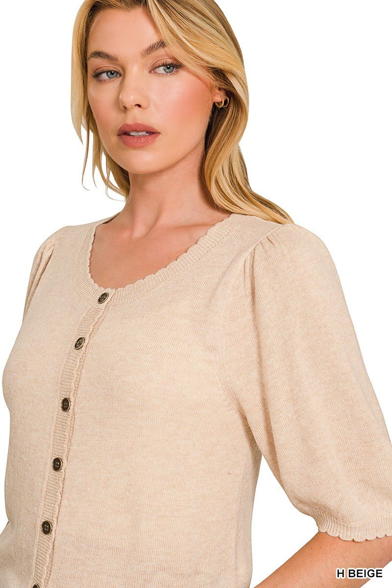 Puff Sleeve Wool Sweater Cardigan - Blush & Cactus