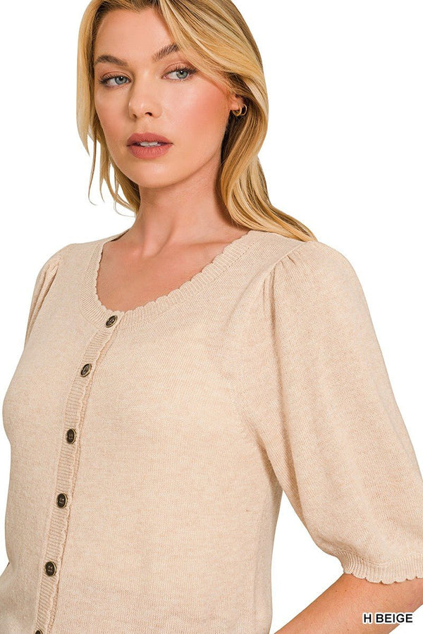 Puff Sleeve Wool Sweater Cardigan - Blush & Cactus