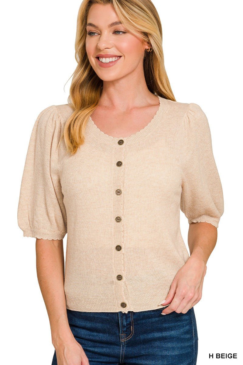 Puff Sleeve Wool Sweater Cardigan - Blush & Cactus
