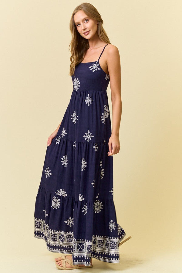 Border Print Maxi Dress W/ Front Tie - Blush & Cactus