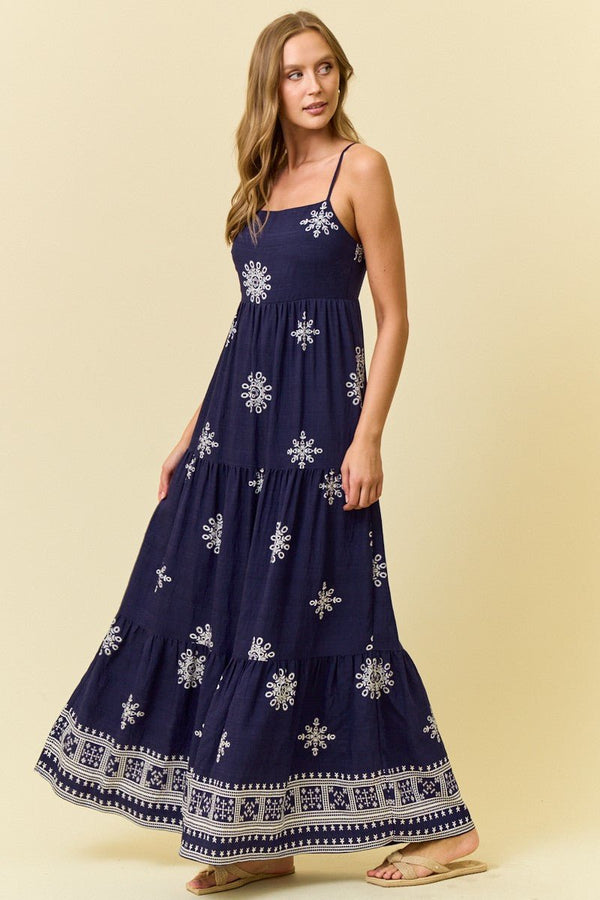 Border Print Maxi Dress W/ Front Tie - Blush & Cactus