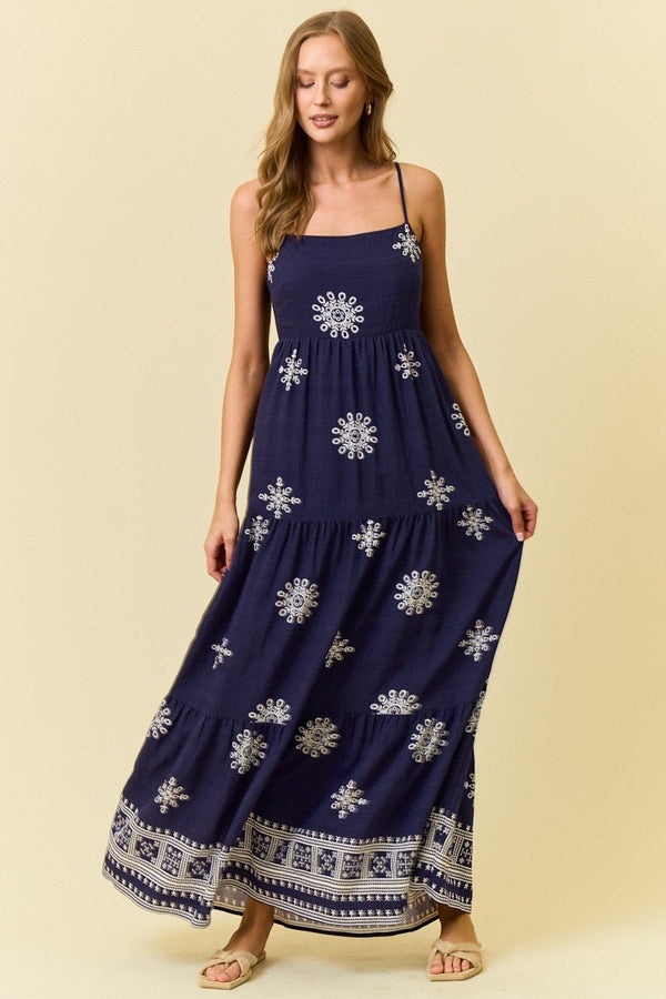 Border Print Maxi Dress W/ Front Tie - Blush & Cactus