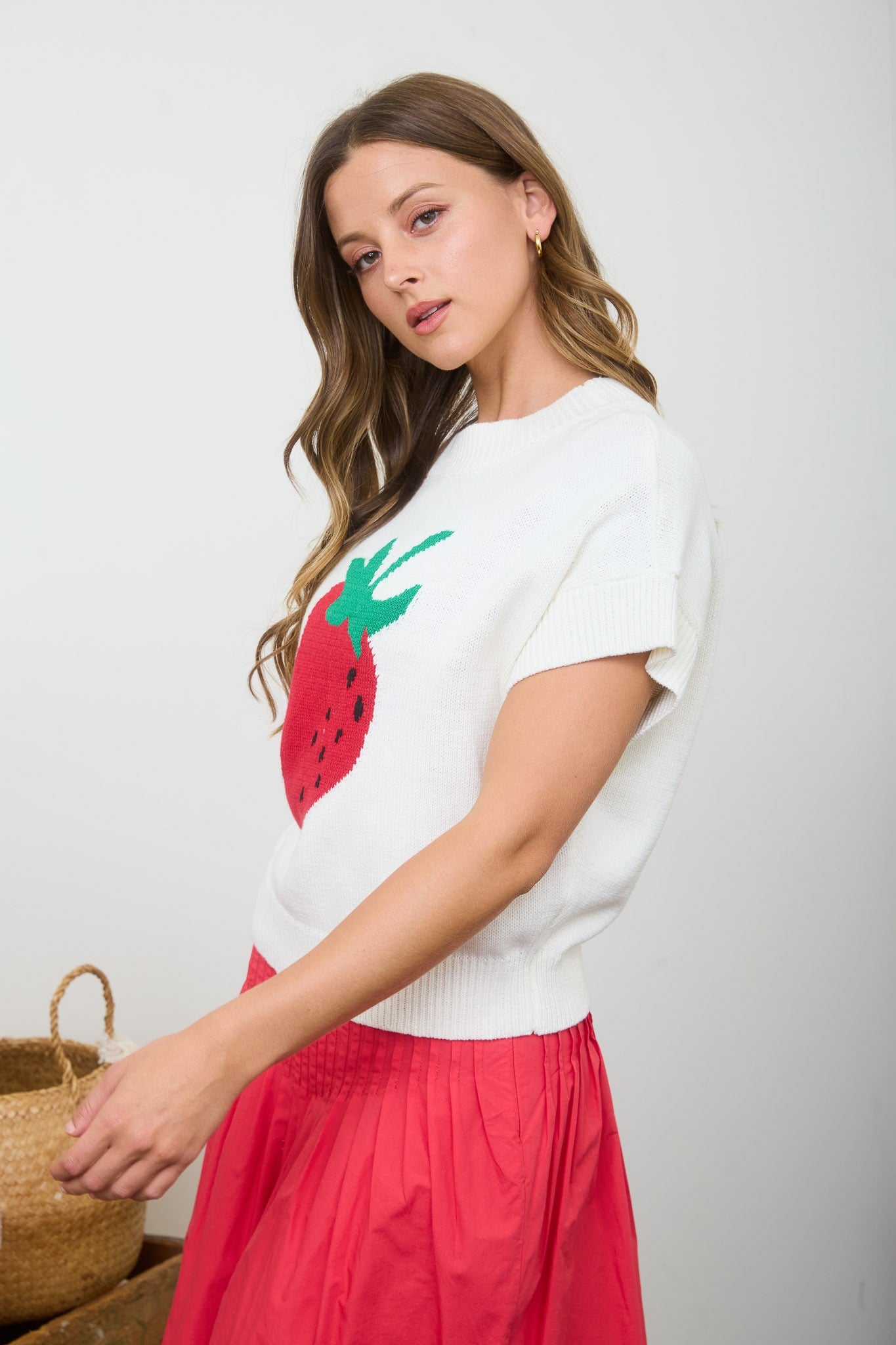 Strawberry Motif Short Sleeve Knit Pullover - Blush & Cactus