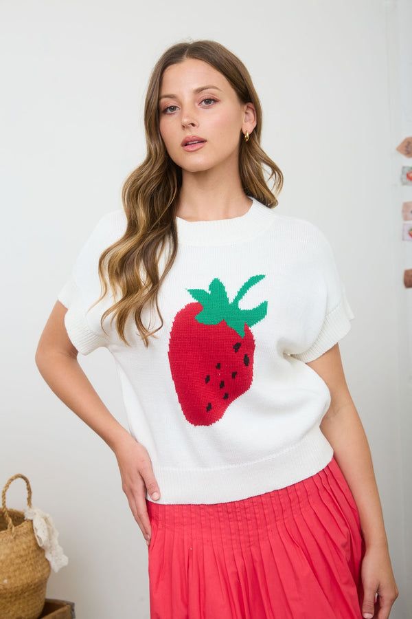 Strawberry Motif Short Sleeve Knit Pullover - Blush & Cactus