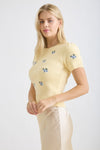 Floral Embroidery Round Neck Short Sleeve Sweater - Blush & Cactus