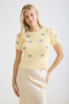 Floral Embroidery Round Neck Short Sleeve Sweater - Blush & Cactus