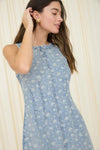 Floral Washed Denim Pattern Sleeveless Mini Dress - Blush & Cactus