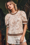 ODDI Printed Lace Short - sleeve Top - Blush & Cactus
