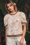 ODDI Printed Lace Short - sleeve Top - Blush & Cactus