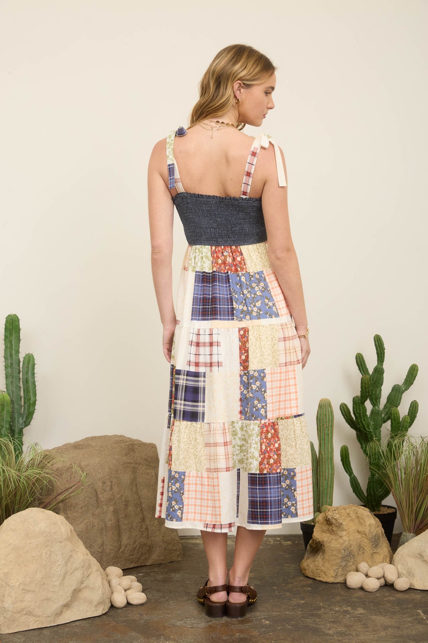 Smocked Denim Patchwork Detail Tiered Maxi Dress - Blush & Cactus