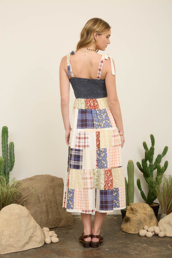 Smocked Denim Patchwork Detail Tiered Maxi Dress - Blush & Cactus