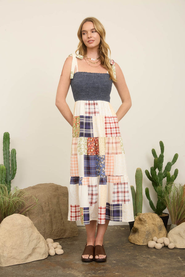 Smocked Denim Patchwork Detail Tiered Maxi Dress - Blush & Cactus