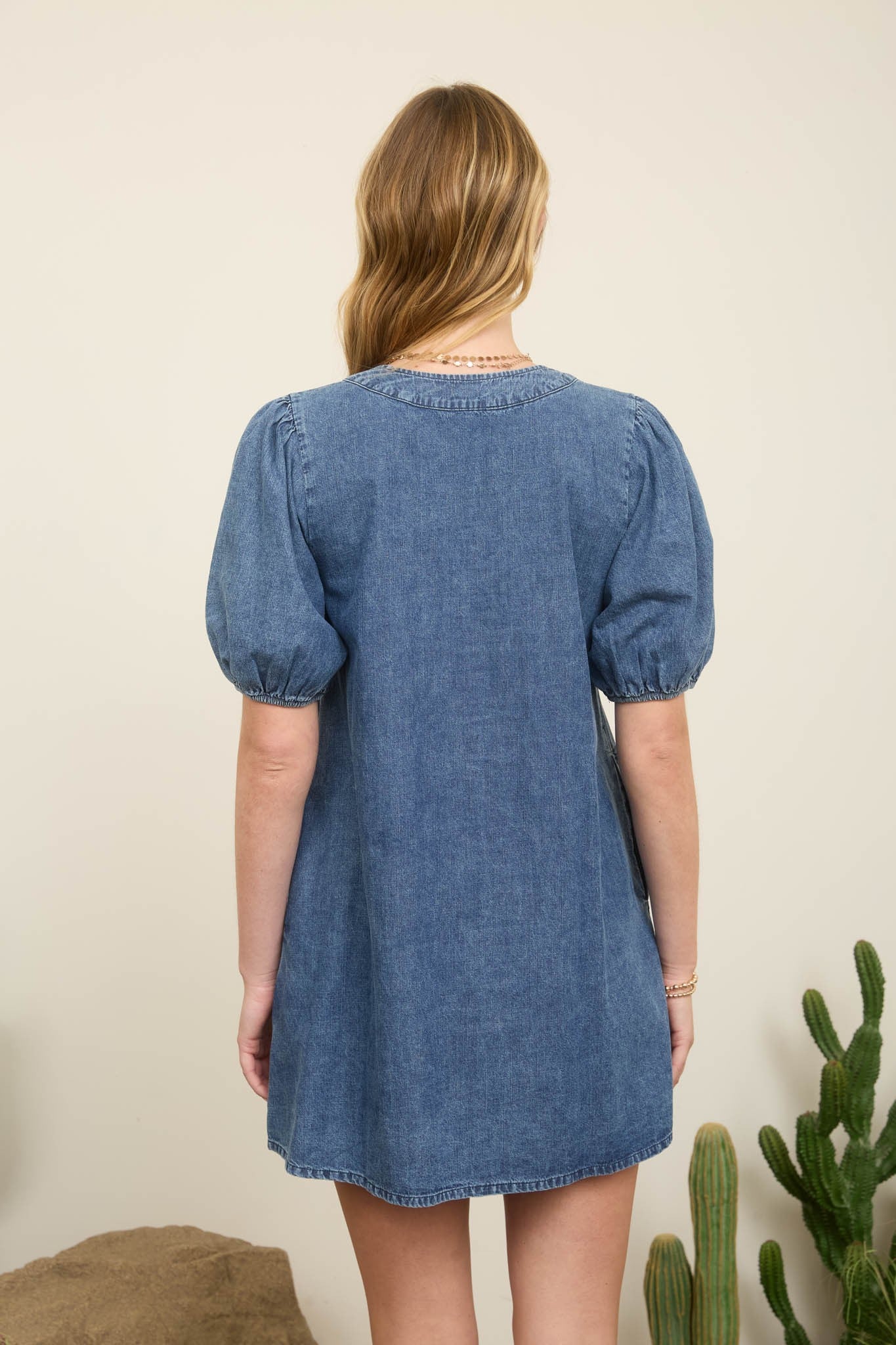 Pleated Front Tie Puff Sleeve Denim Mini Dress - Blush & Cactus