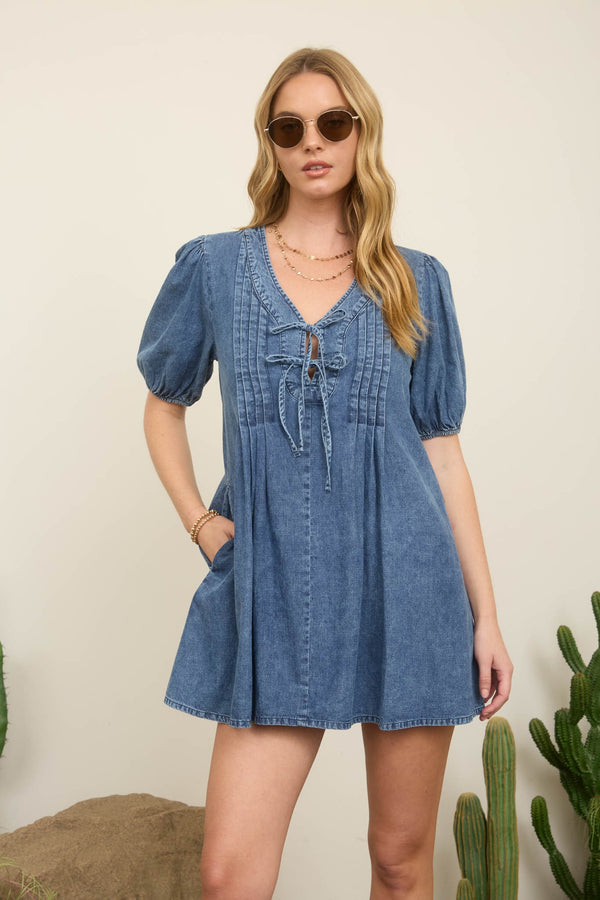 Pleated Front Tie Puff Sleeve Denim Mini Dress - Blush & Cactus