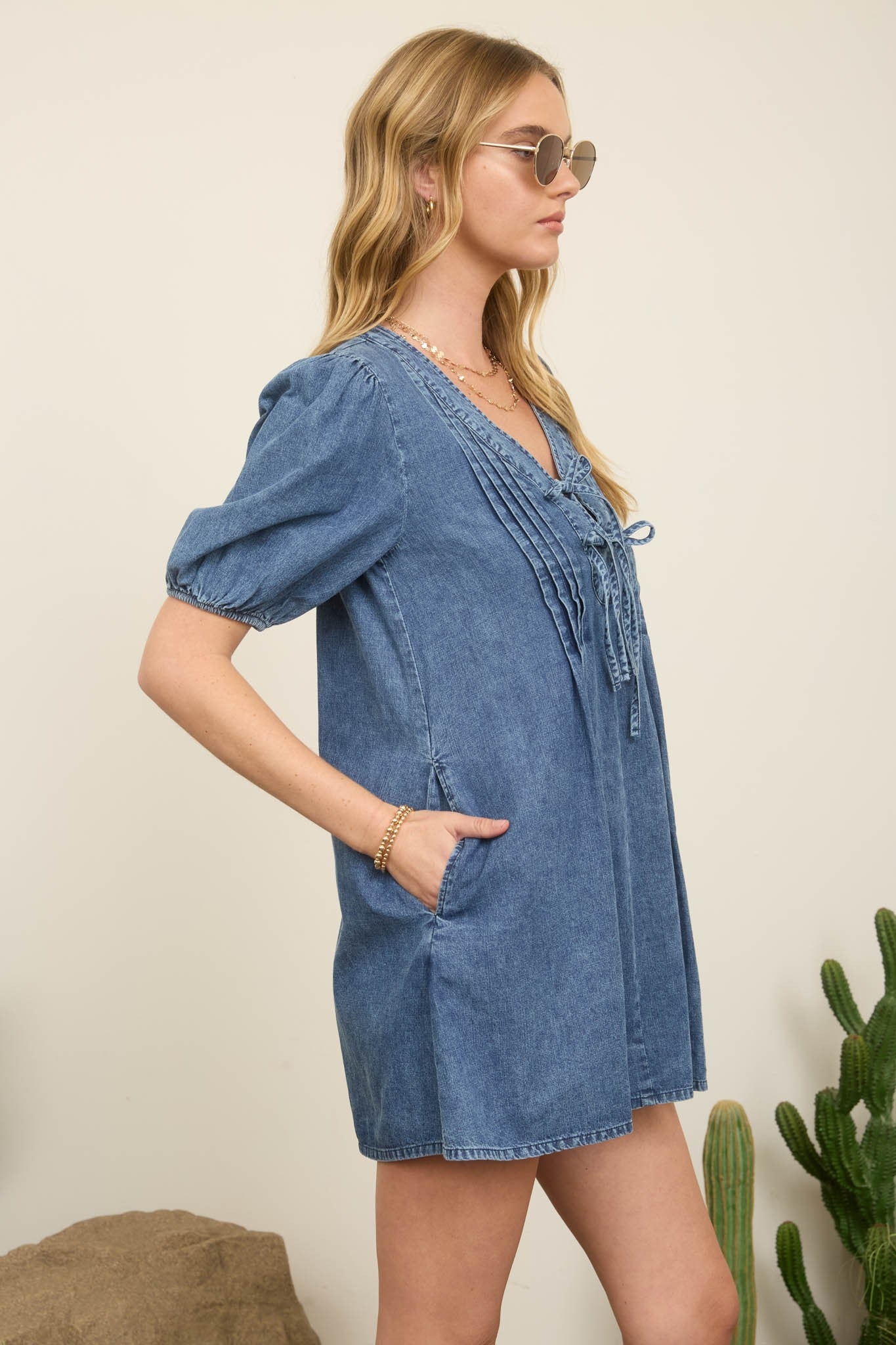 Pleated Front Tie Puff Sleeve Denim Mini Dress - Blush & Cactus